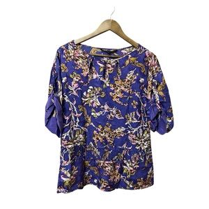 BCBGMaxAzria 100% Silk Purple Floral Tunic Top S Smocked Keyhole Cutouts